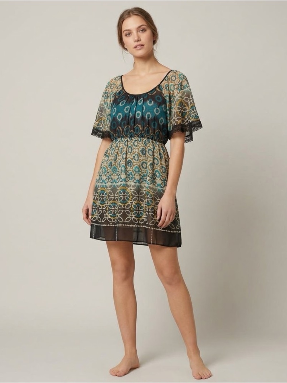 Vintage Y2K Boho Geometric Print Chiffon Flutter Sleeve Empire Waist mini dress